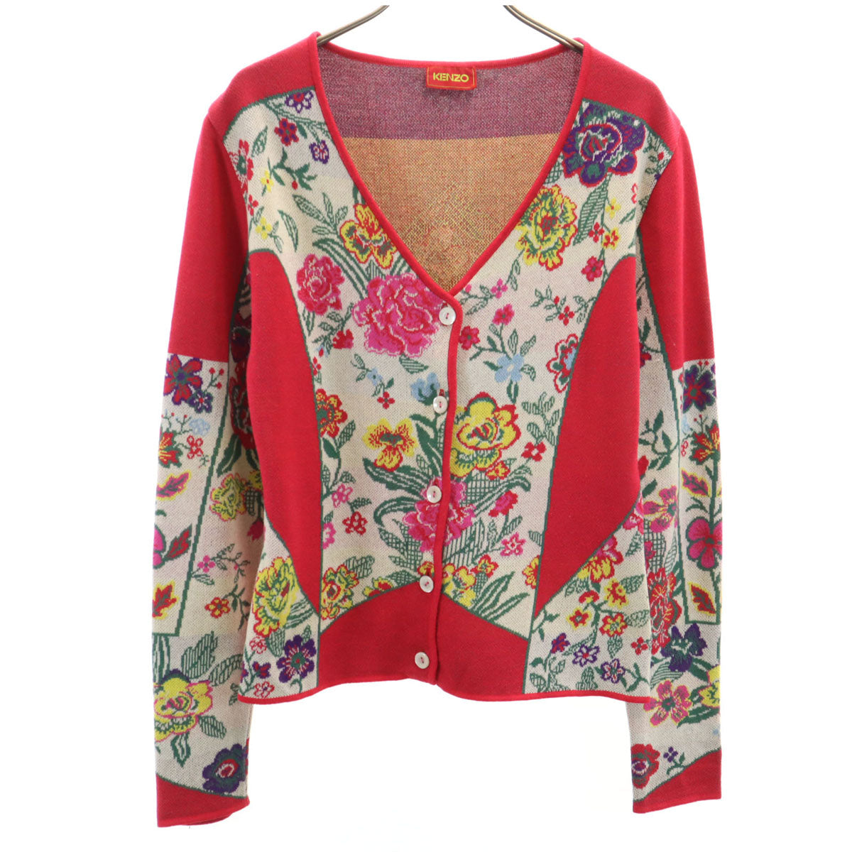 KENZO ケンゾー 90s 日本製 オールド 花柄 長袖 Vネック ニットカーディガン 2 レッド レディース