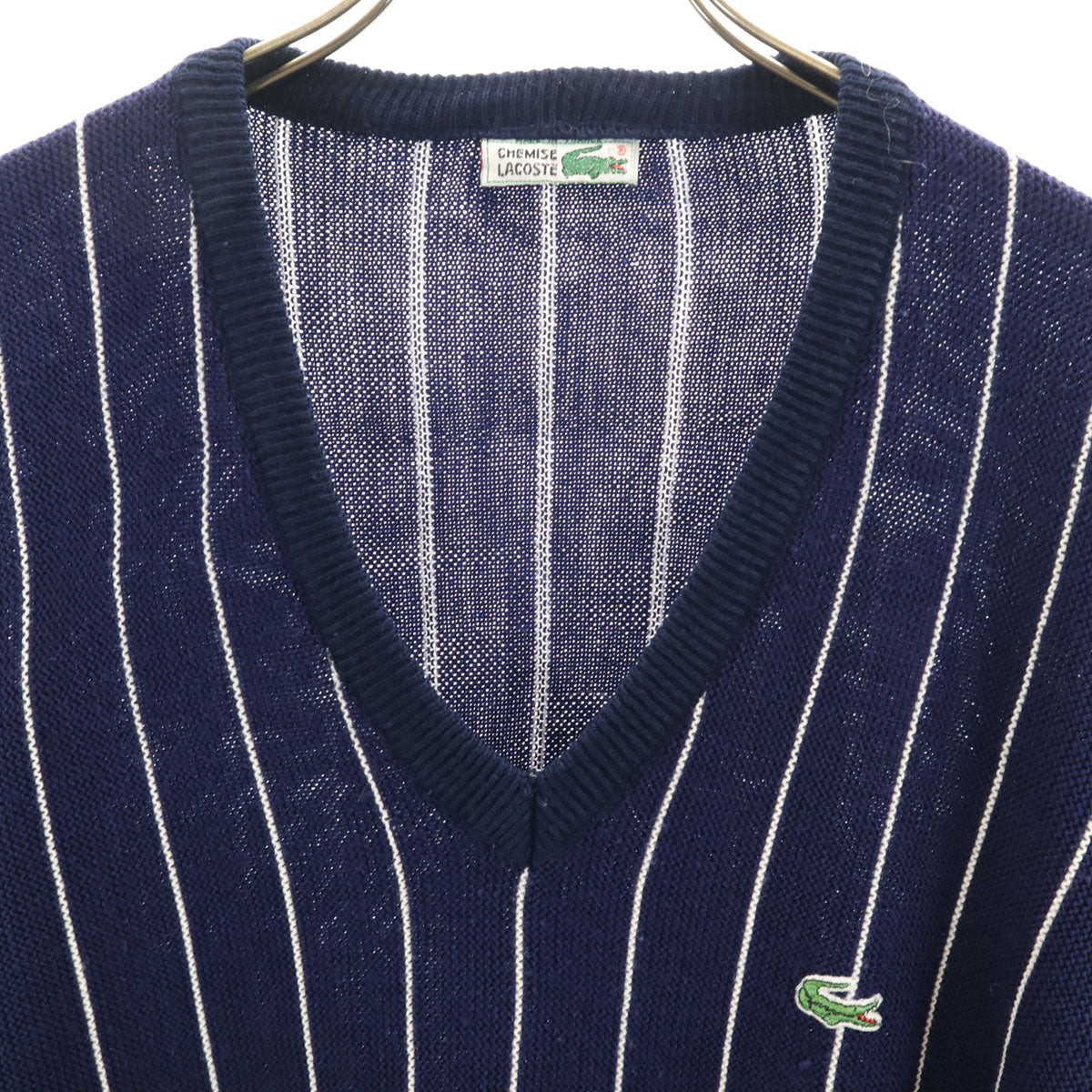 CHEMISE LACOSTE シュミーズラコステ 70s 80s ヴィンテージ フランス製 ストライプ柄 長袖 Vネック セーター ブルー フレンチラコステ メンズ