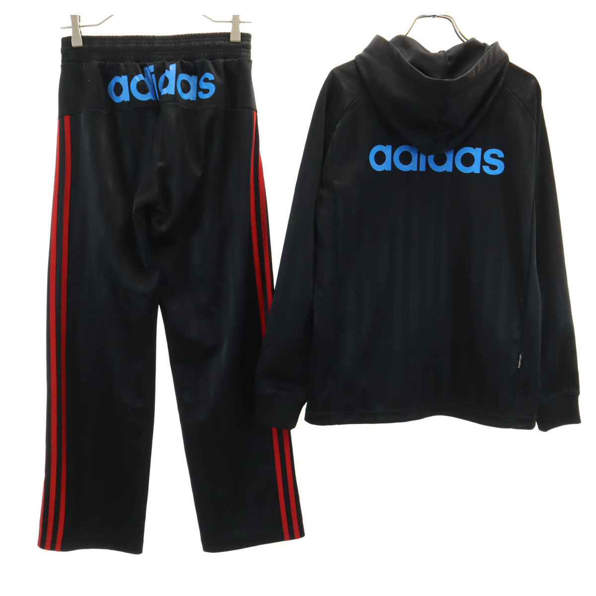 adidas アディダス ストライプ柄 フーディー トラックジャケット 上下 セットアップ S/XS ブラック ジャージ メンズ