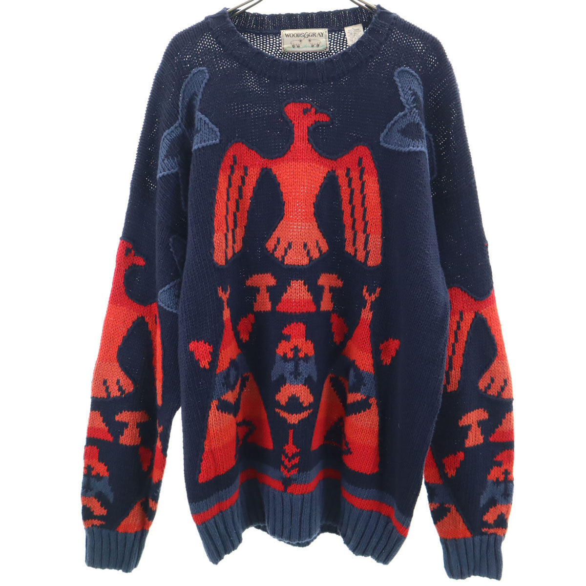 ウッズ&グレイ 80s 90s オールド バード柄 長袖 セーター L ネイビー ニット メンズ