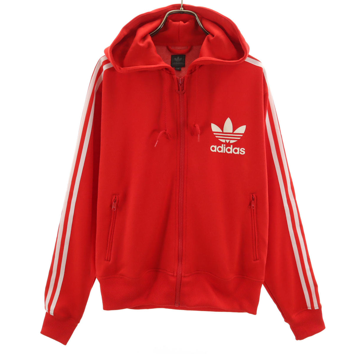 adidas アディダス トレフォイルロゴ フーデッド トラックジャケット M レッド レディース