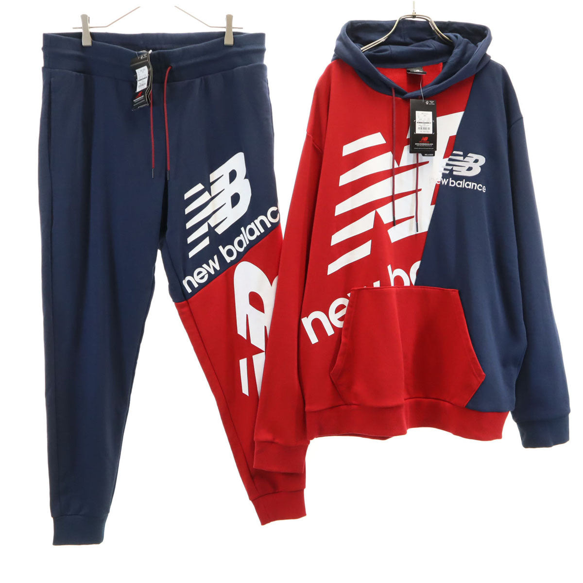 未使用 NEW BALANCE ニューバランス バイカラー 長袖 スウェットパーカー 上下 セットアップ XL/L レッド系 プルオーバー メンズ