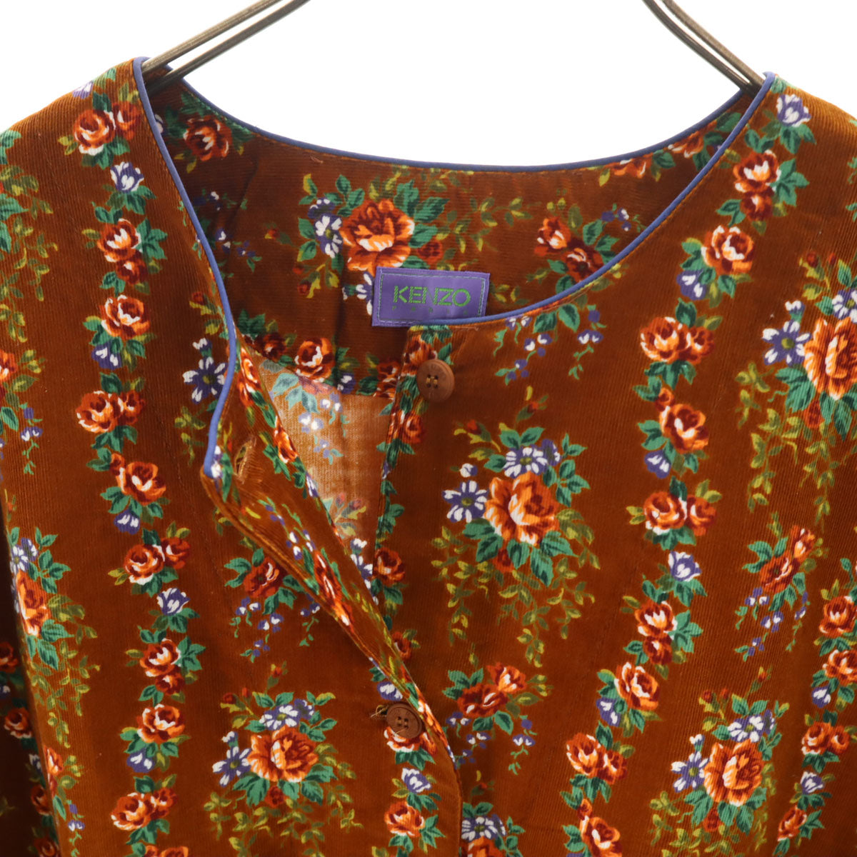 KENZO ケンゾー 90s オールド 花柄 長袖 コーデュロイ 割烹着 ウェア ブラウン エプロン レディース