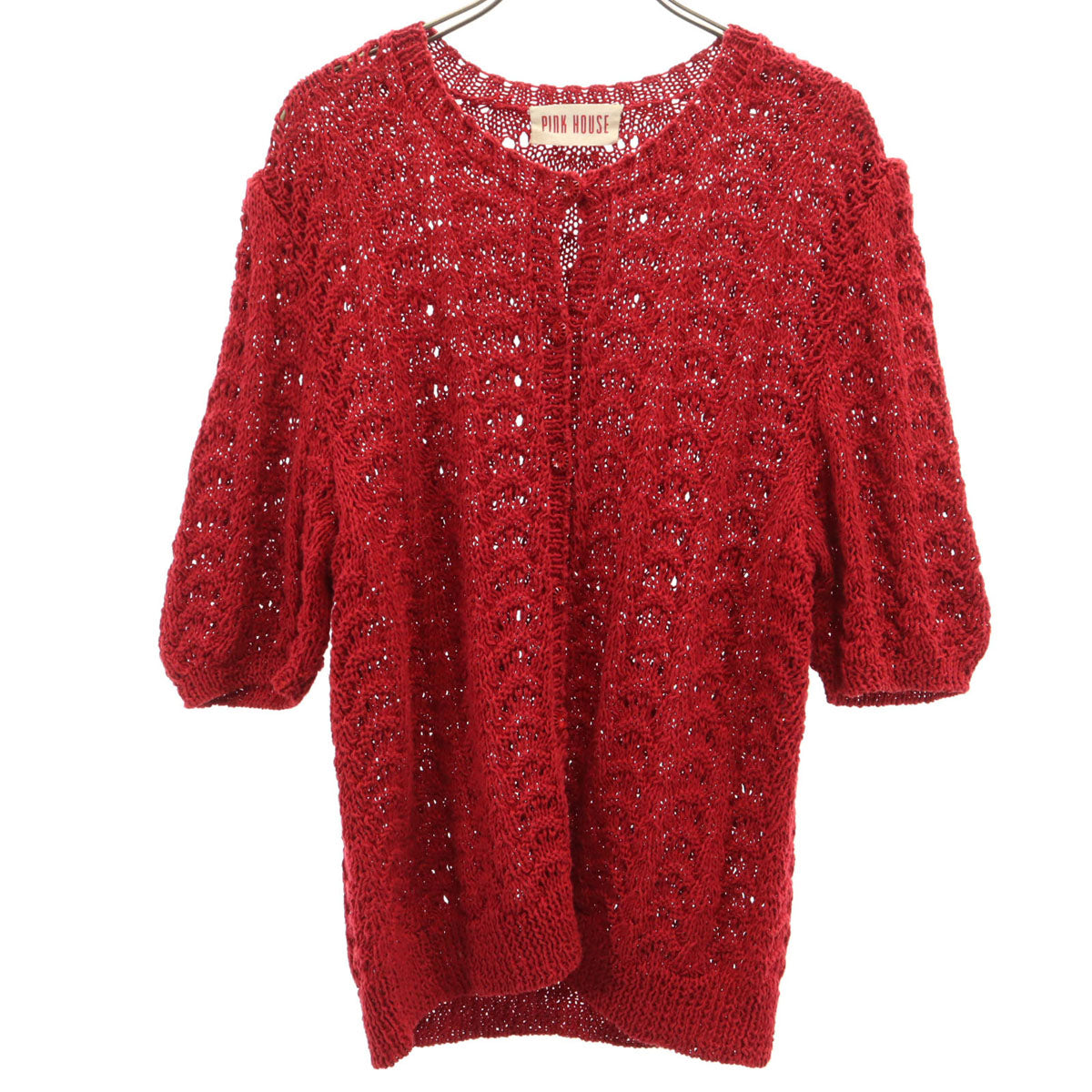 PINK HOUSE ピンクハウス 5分袖 透かし編み カーディガン レッド レディース