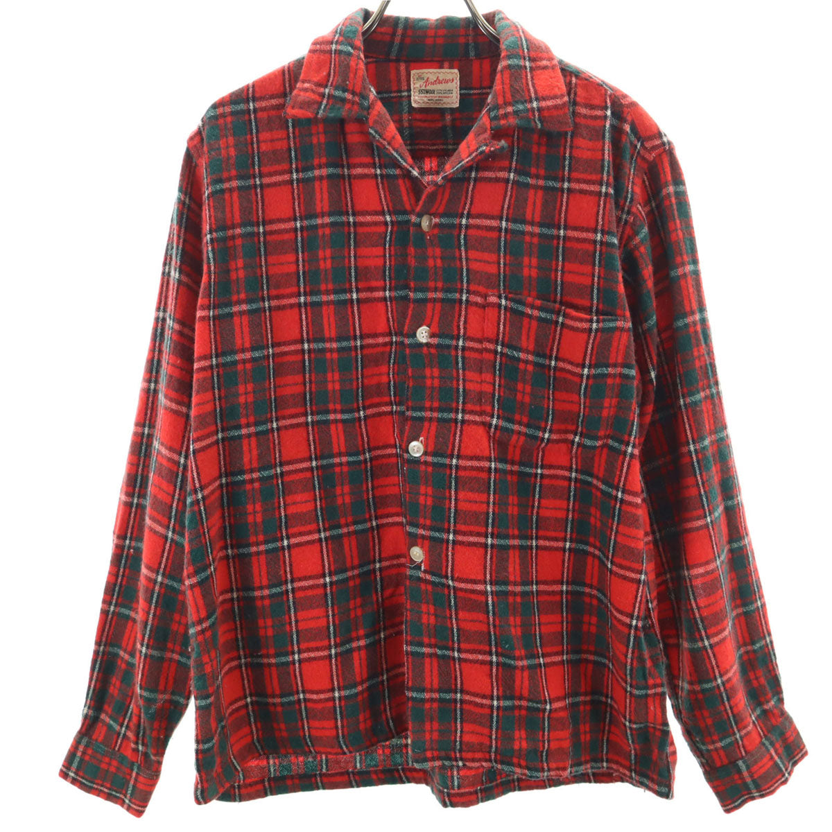60s ヴィンテージ ウールブレンド チェック柄 長袖 オープンカラーシャツ M レッド メンズ