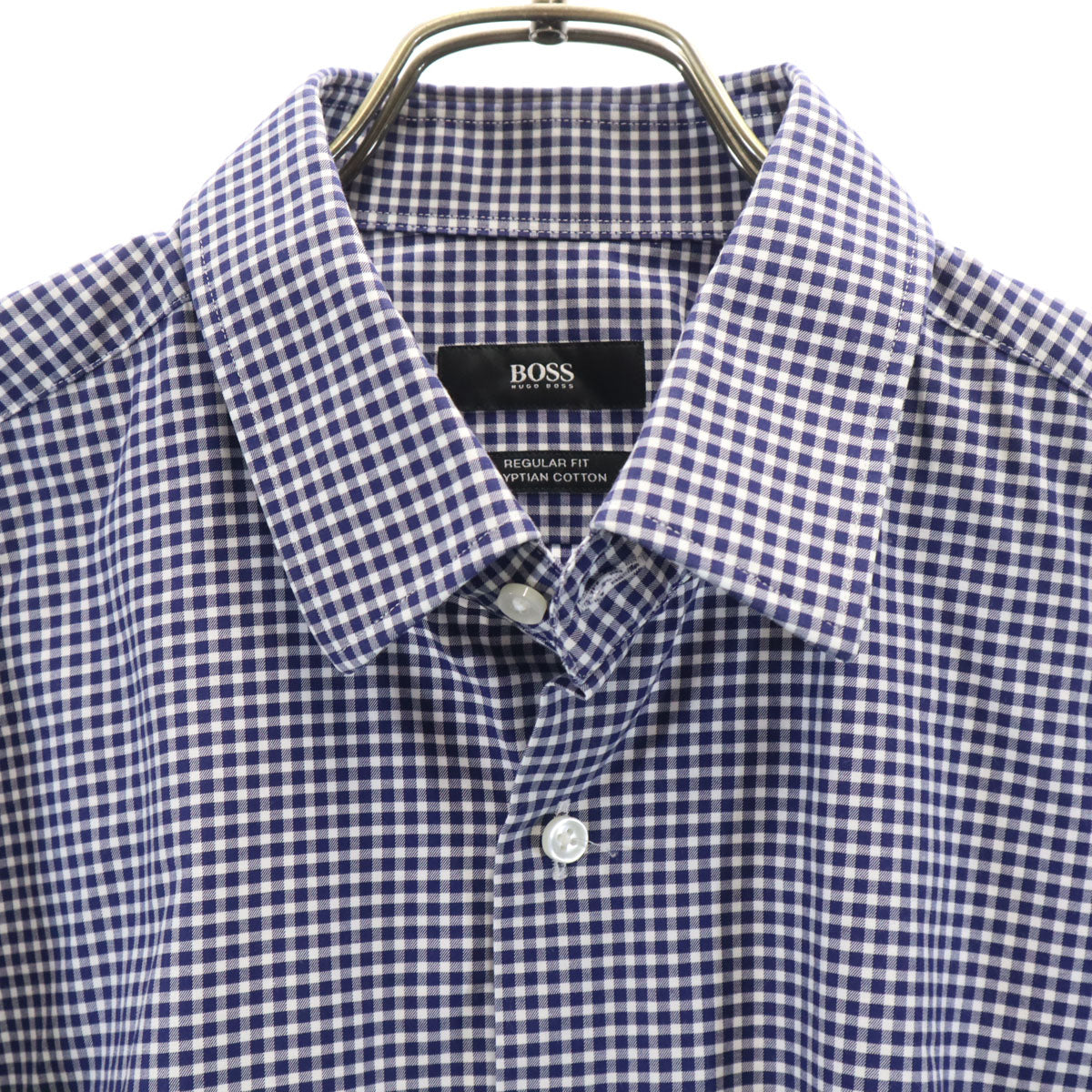 美品 BOSS HUGO BOSS ボスヒューゴボス ギンガムチェック 長袖 コットンシャツ 40 ネイビー メンズ