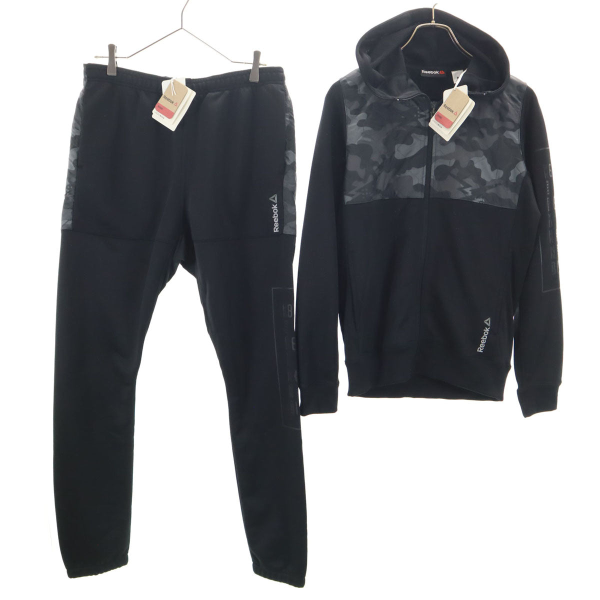 未使用 Reebok リーボック カモフラ柄切替 長袖 ジップパーカー 上下 セットアップ M/L ブラック ジャージ メンズ