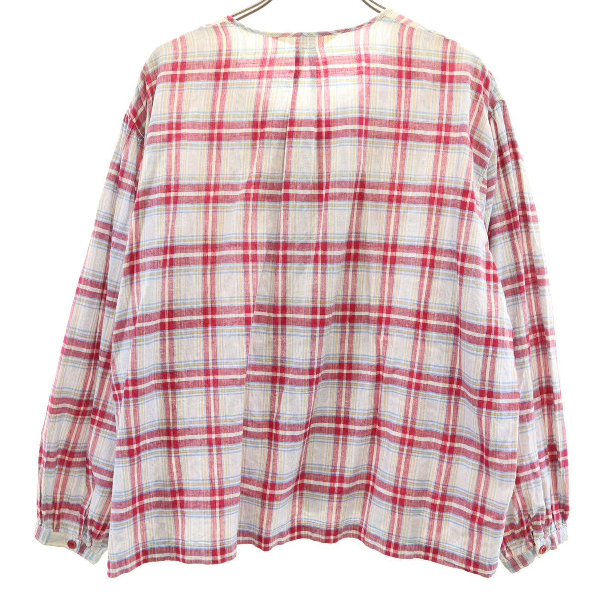 PINK HOUSE ピンクハウス チェック柄 長袖 ノーカラー フリル ブラウス レッド シャツ レディース