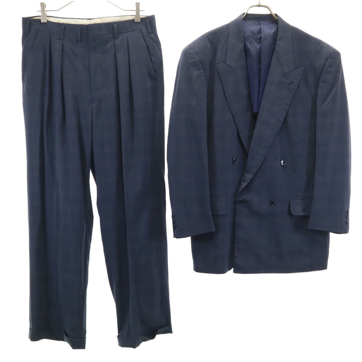 TAILOR TSUTAYA テーラーツタヤ チェック柄 ダンヒル生地 ダブル スーツ 上下 セットアップ ネイビー メンズ