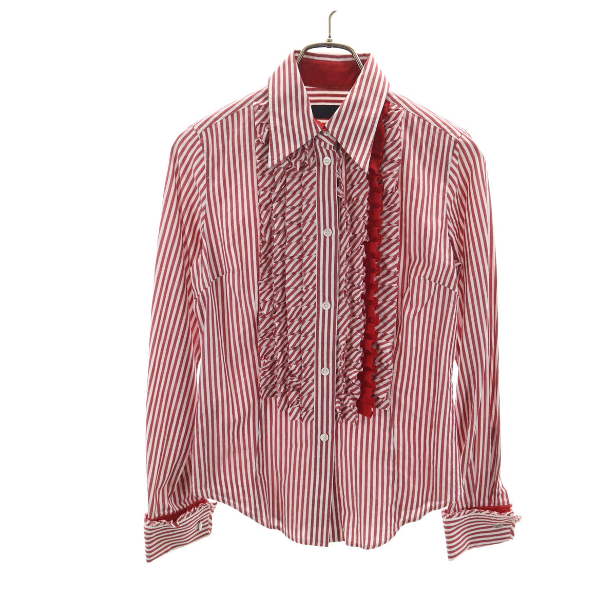 Paul Smith BLACK ポールスミス ブラック ストライプ柄 長袖 フリル コットンシャツ 40 レッド レディース