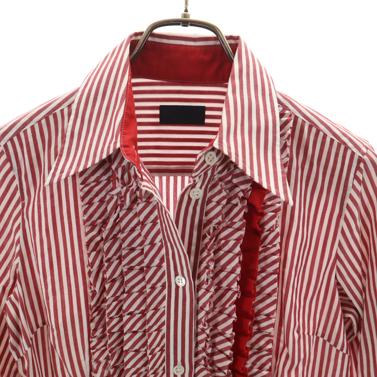 Paul Smith BLACK ポールスミス ブラック ストライプ柄 長袖 フリル コットンシャツ 40 レッド レディース