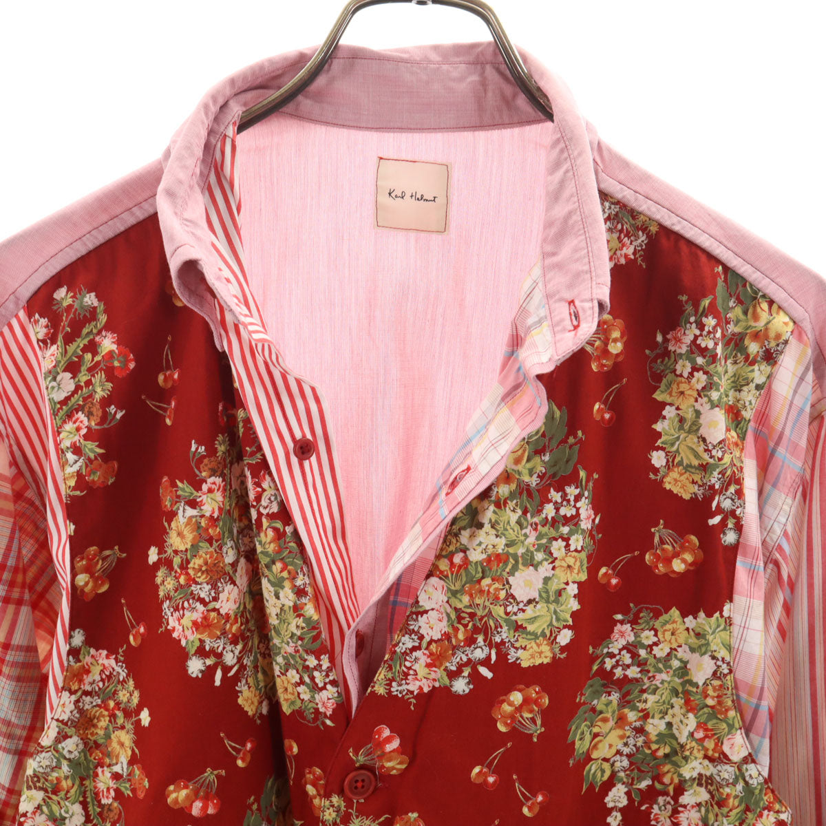 Karl Helmut カールヘルム 花 チェック ストライプ柄 長袖 ベスト レイヤード ボタンダウンシャツ レッド メンズ