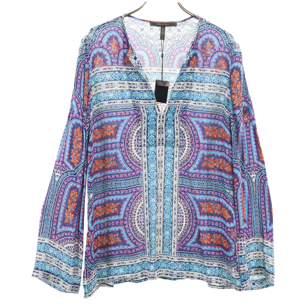 美品 BCBGMAXAZRIA ビーシービージーマックスアズリア 総柄 長袖 スキッパーカラー ブラウス S 水色 プルオーバー ロールアップ袖 レディース
