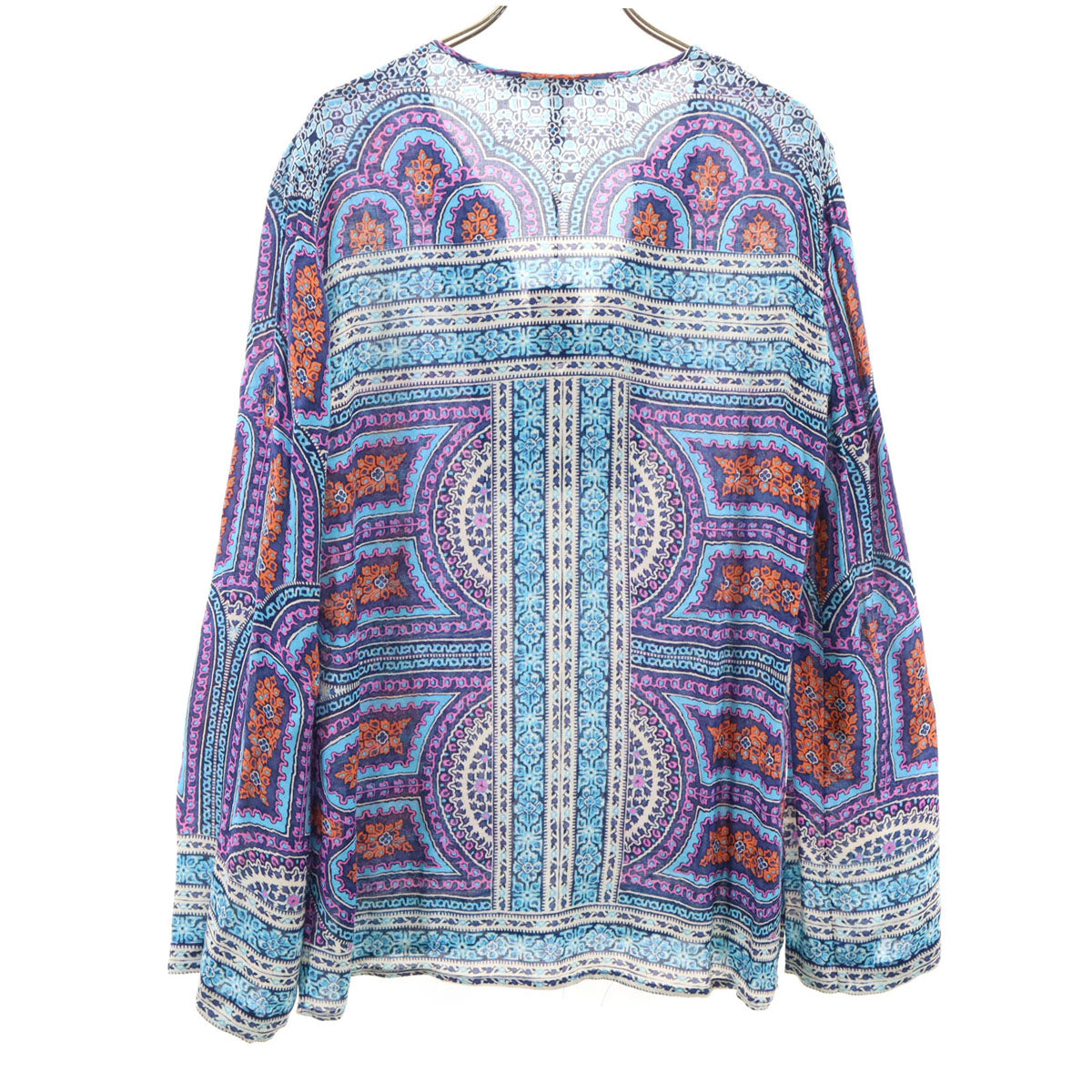 美品 BCBGMAXAZRIA ビーシービージーマックスアズリア 総柄 長袖 スキッパーカラー ブラウス S 水色 プルオーバー ロールアップ袖 レディース