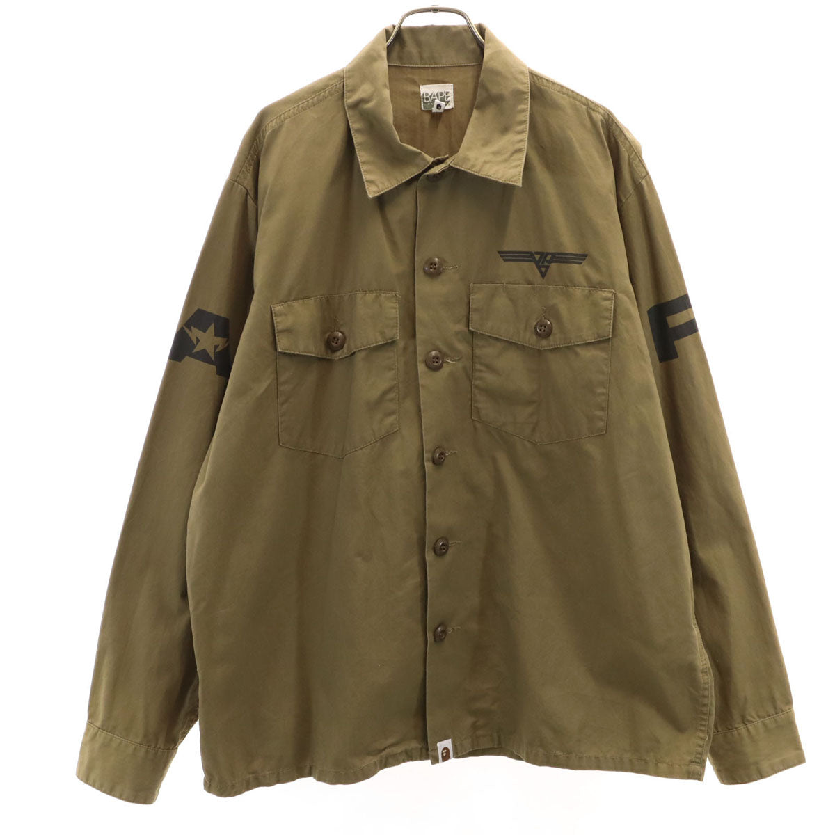 A BATHING APE アベイシングエイプ バックプリント 長袖 ミリタリーシャツ L オリーブ系 メンズ