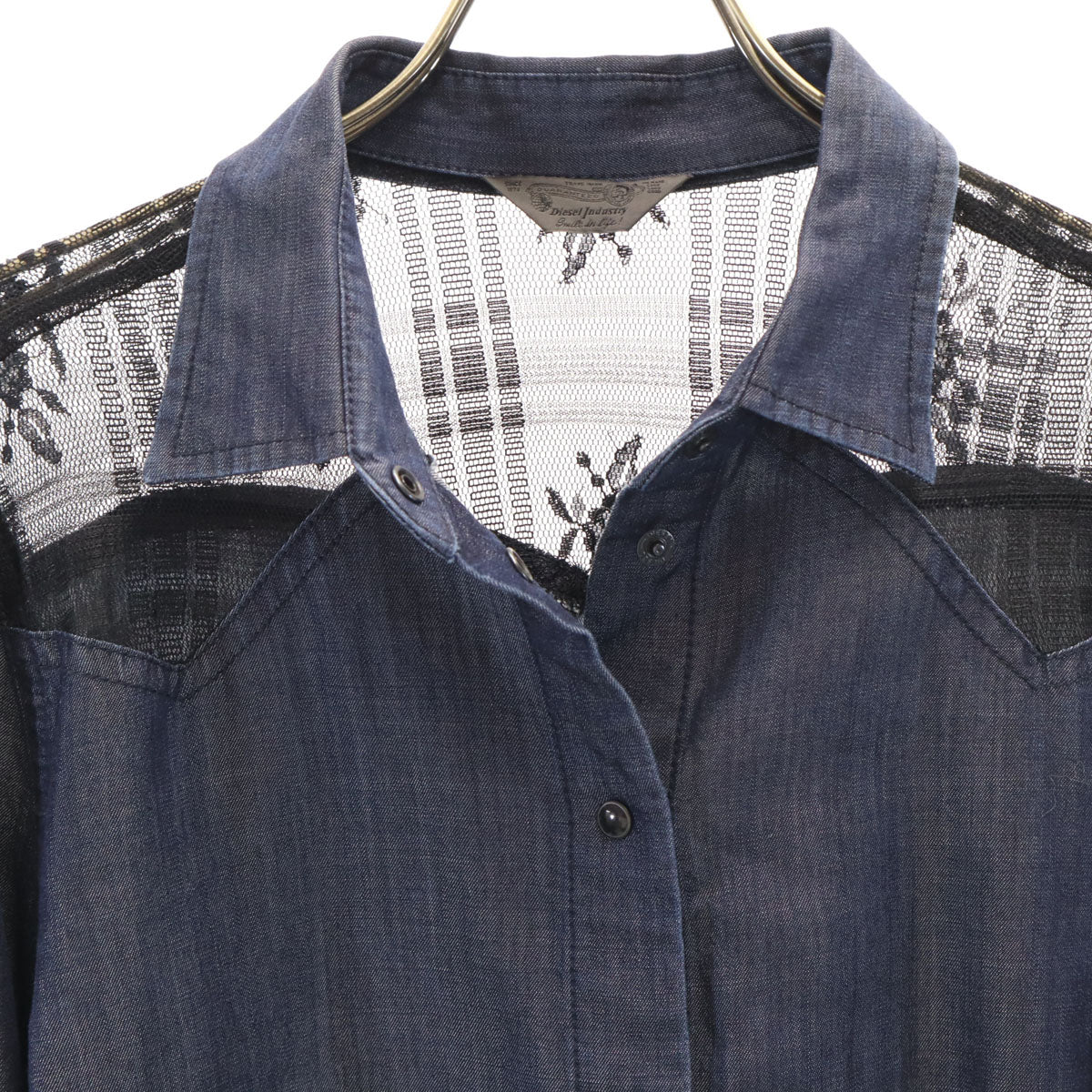 DIESEL ディーゼル 長袖 レース切替 シャンブレーシャツ S ネイビー レディース