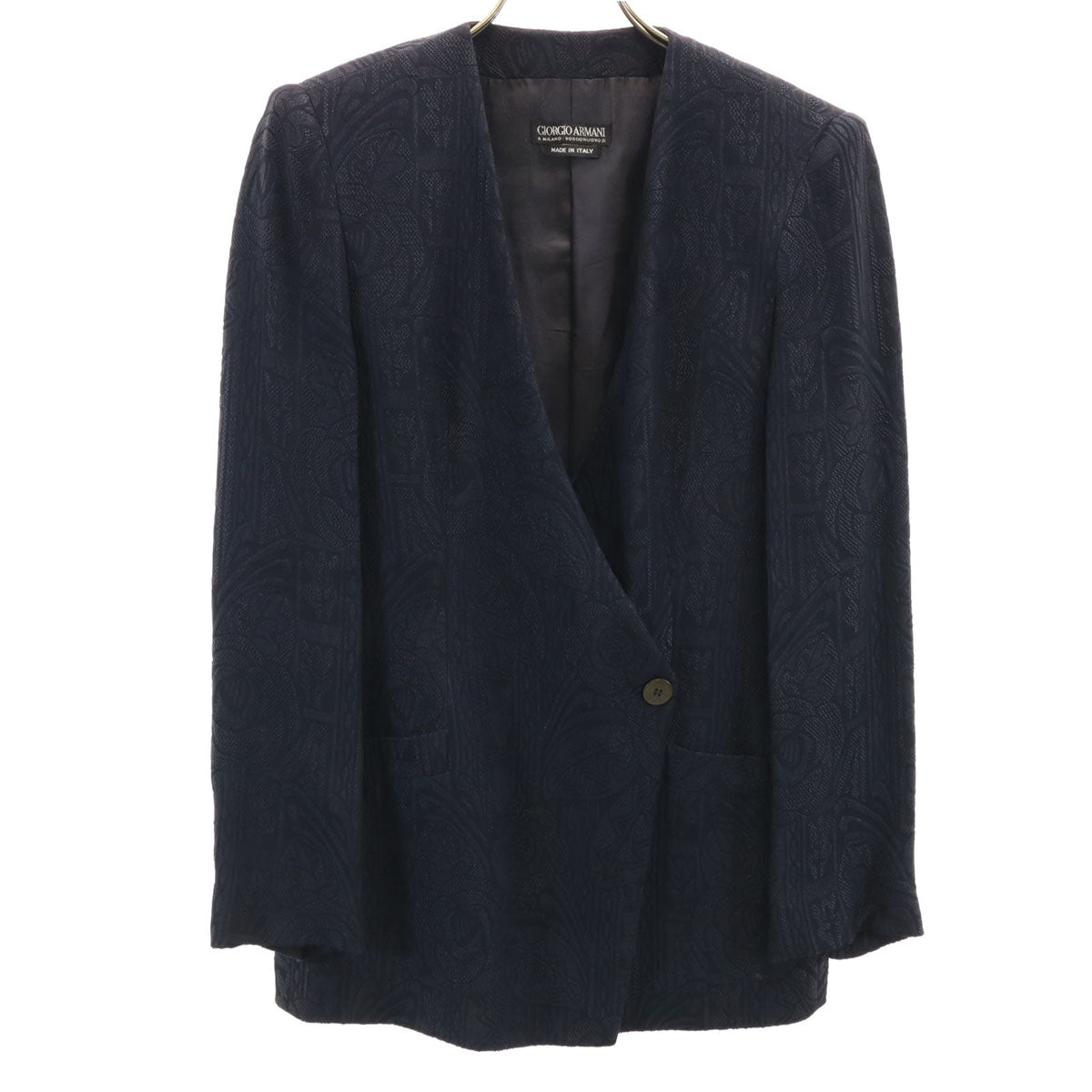 GIORGIO ARMANI ジョルジオアルマーニ 90s イタリア製 オールド 花柄 ジャガード ノーカラージャケット 38 ネイビー レディース