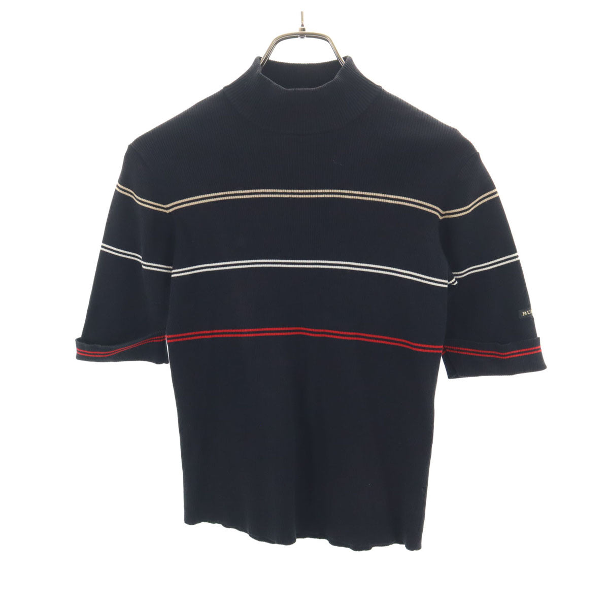 BURBERRY GOLF バーバリーゴルフ ボーダー柄 半袖 ハイネック リブ ニット M ブラック 三陽商会 レディース