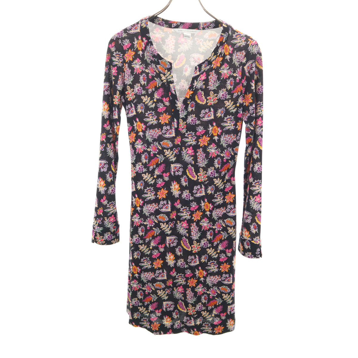 DIANE VON FURSTENBERG ダイアンフォンファステンバーグ シルク 花柄 長袖 ワンピース 2 ブラック レディース