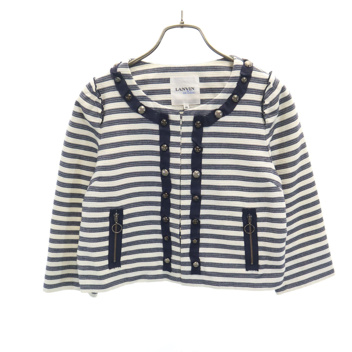 LANVIN en Bleu ランバンオンブルー ボーダー柄 ノーカラージャケット 38 ホワイト レディース