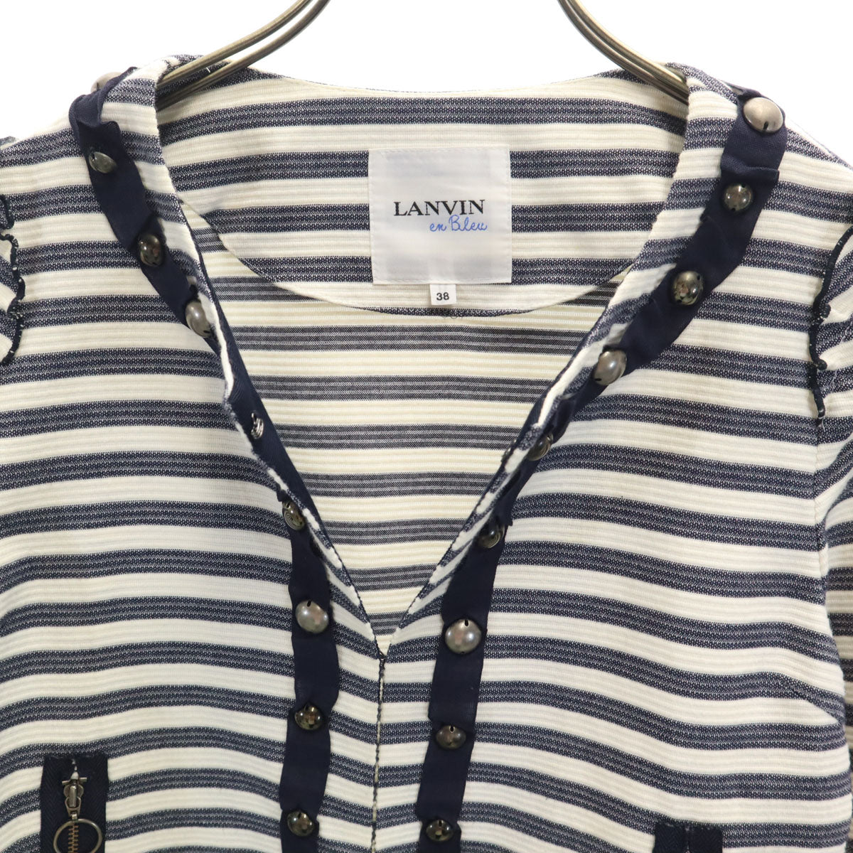 LANVIN en Bleu ランバンオンブルー ボーダー柄 ノーカラージャケット 38 ホワイト レディース