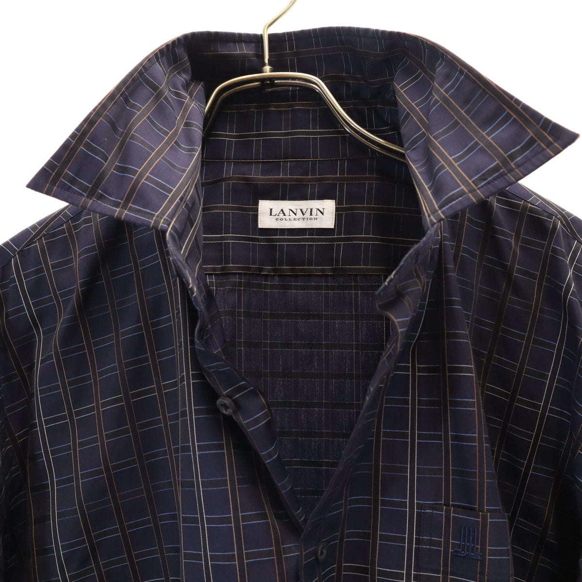 LANVIN LA COLLECTION ランバンコレクション 日本製 チェック柄 長袖 コットンシャツ L ネイビー メンズ