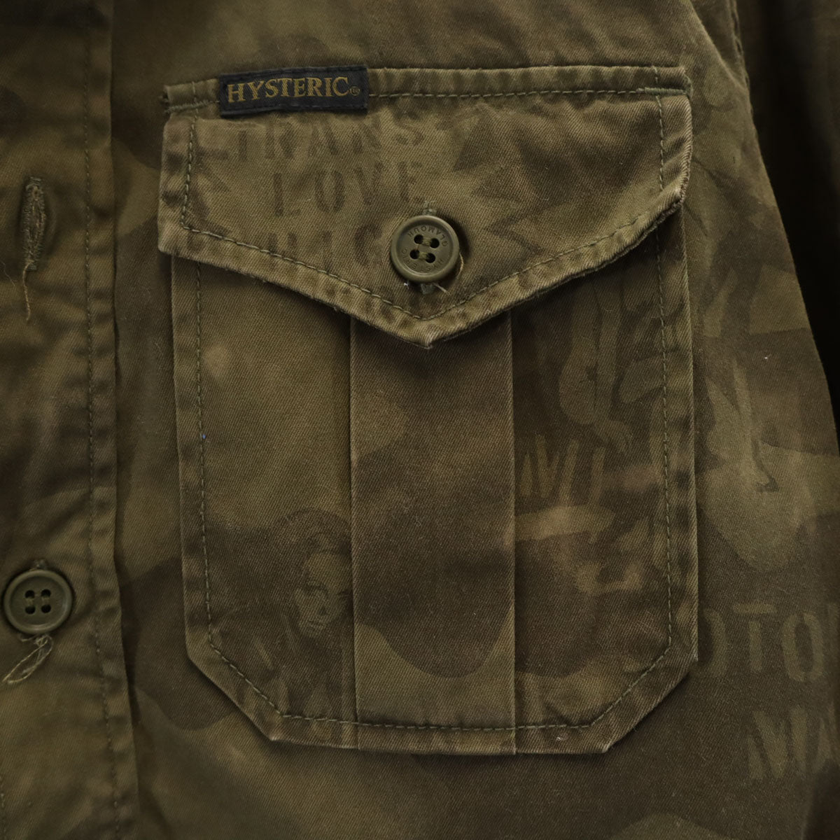 HYSTERIC GLAMOUR ヒステリックグラマー 日本製 カモフラ柄 長袖 ミリタリーシャツ S カーキ 迷彩 メンズ