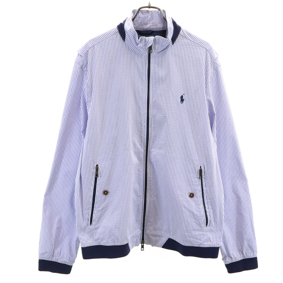 美品 POLO GOLF RALPH LAUREN ポロゴルフラルフローレン ストライプ柄 ジップジャケット M ネイビー系 シアサッカー メンズ