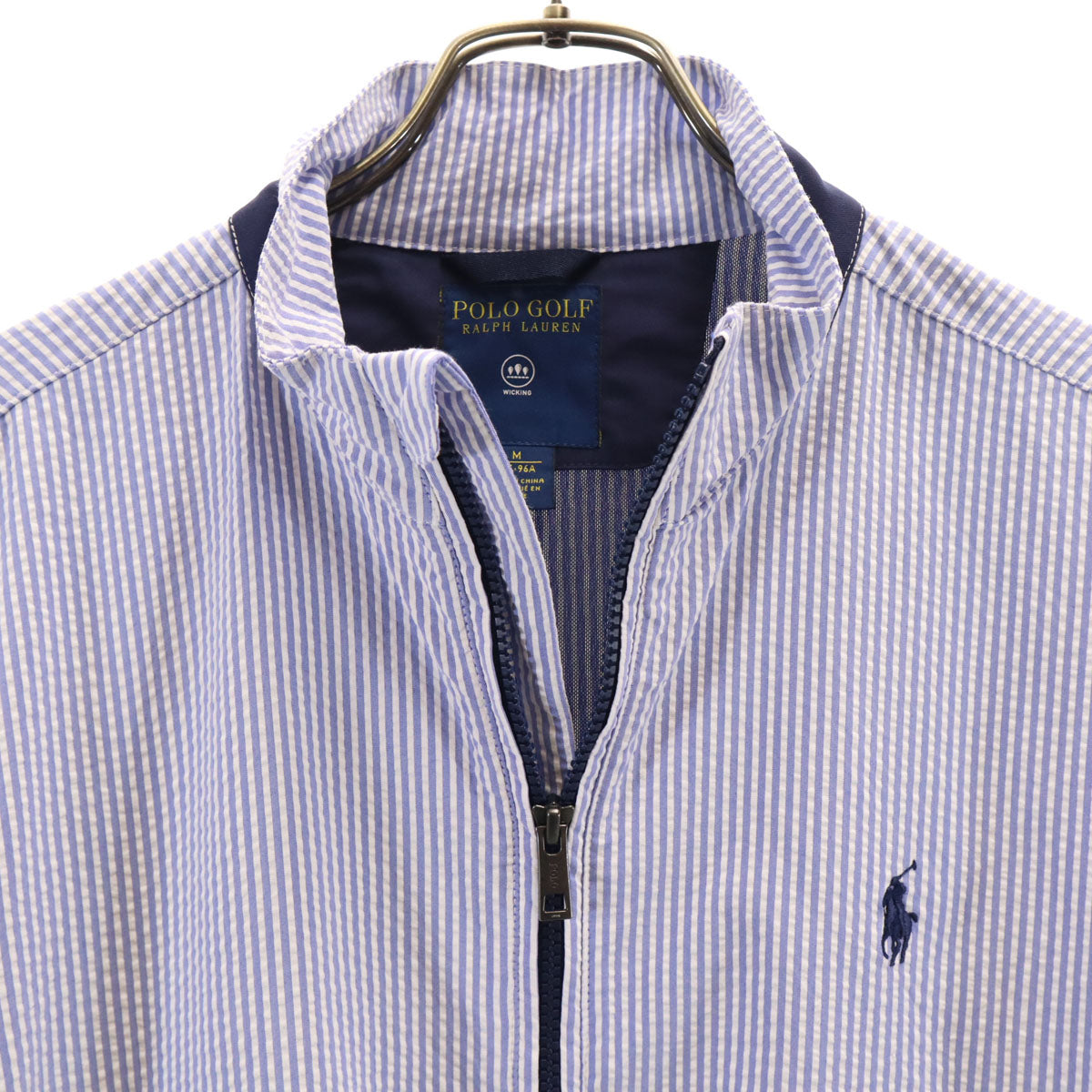 美品 POLO GOLF RALPH LAUREN ポロゴルフラルフローレン ストライプ柄 ジップジャケット M ネイビー系 シアサッカー メンズ