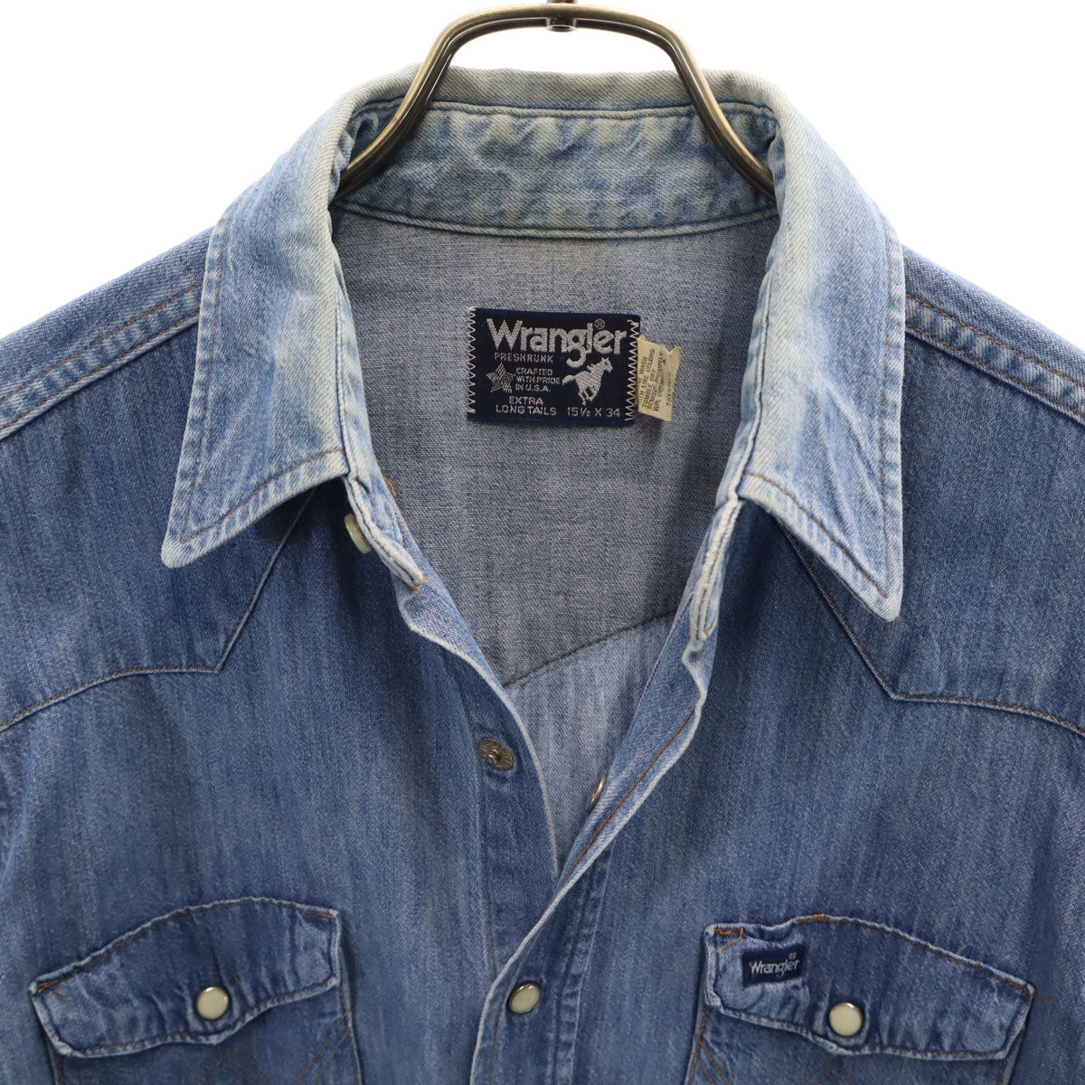 Wrangler ラングラー 80s USA製 ヴィンテージ 長袖 ダンガリーデニム ウエスタンシャツ 15 1/2-34 ウォッシュブルー メンズ