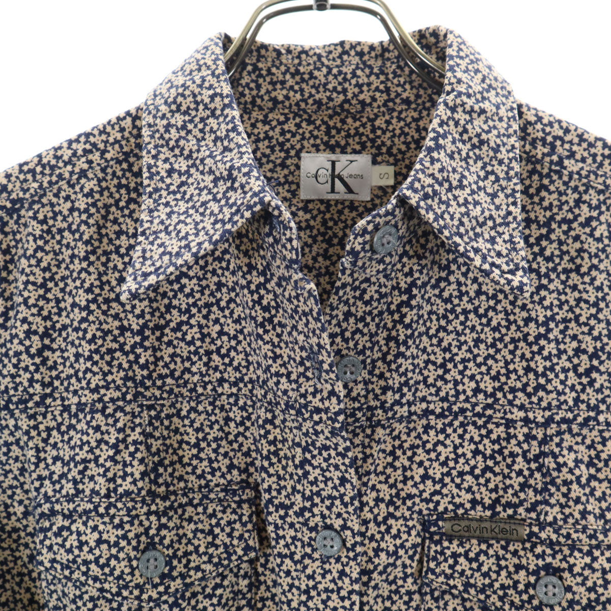 Calvin klein Jeans カルバンクラインジーンズ 90s 日本製 オールド 長袖 シャツ S ネイビー×ベージュ レディース