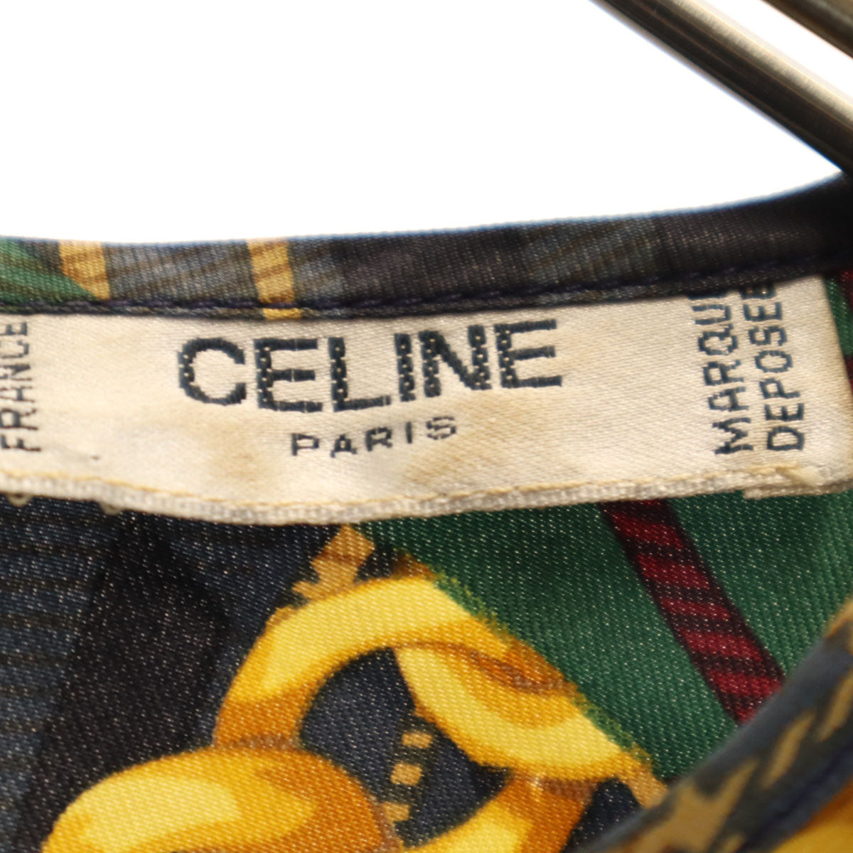 CELINE セリーヌ 80s 90s フランス製 オールド 総柄 長袖 ノーカラー ブラウス ネイビー レディース