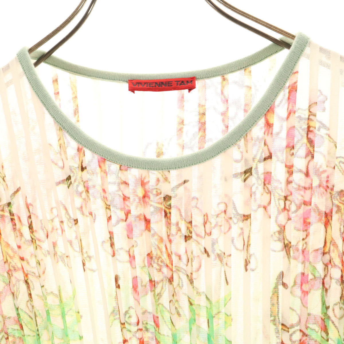 美品 VIVIENNE TAM ヴィヴィアンタム 花柄 半袖 ピンタック シアー ワンピース 0 アイボリー レディース