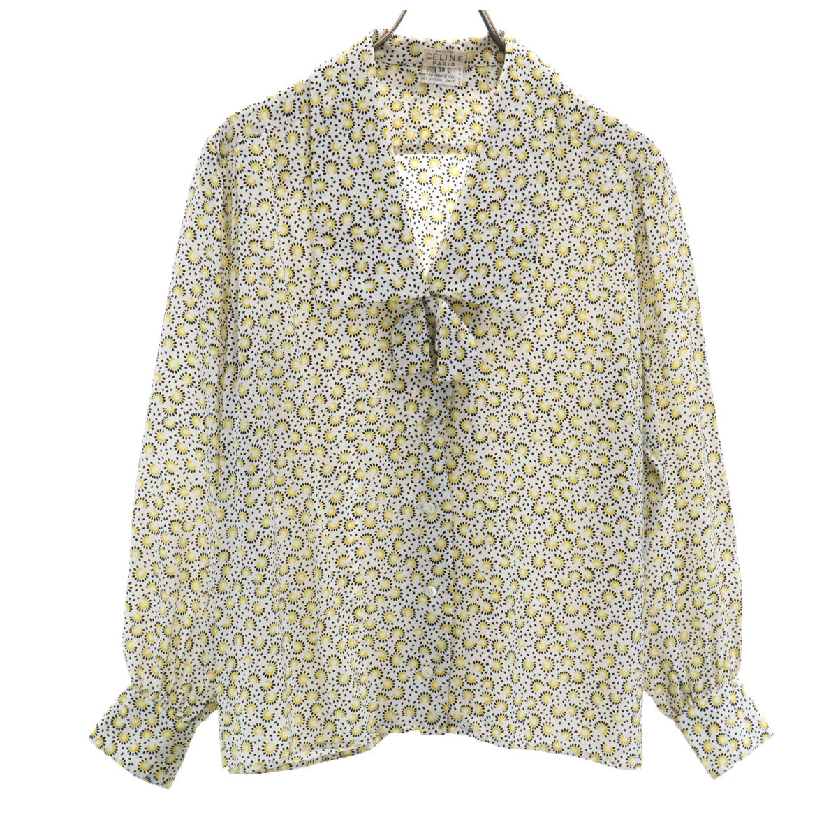 CELINE セリーヌ 90s イタリア製 フィービー期 総柄 長袖 ボウタイ シャツ 38 イエロー レディース