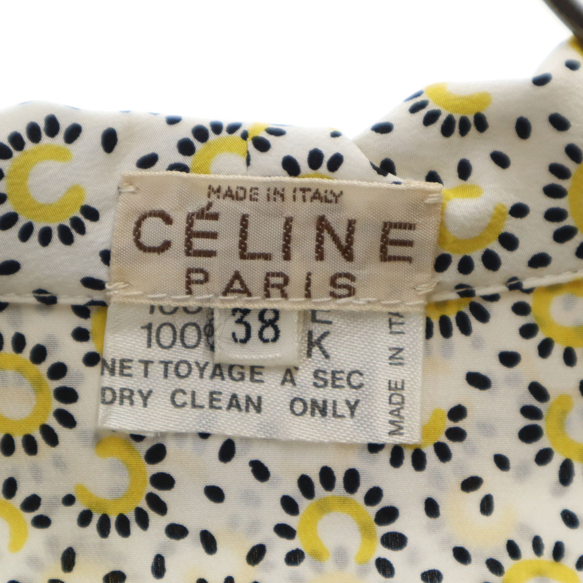 CELINE セリーヌ 90s イタリア製 フィービー期 総柄 長袖 ボウタイ シャツ 38 イエロー レディース