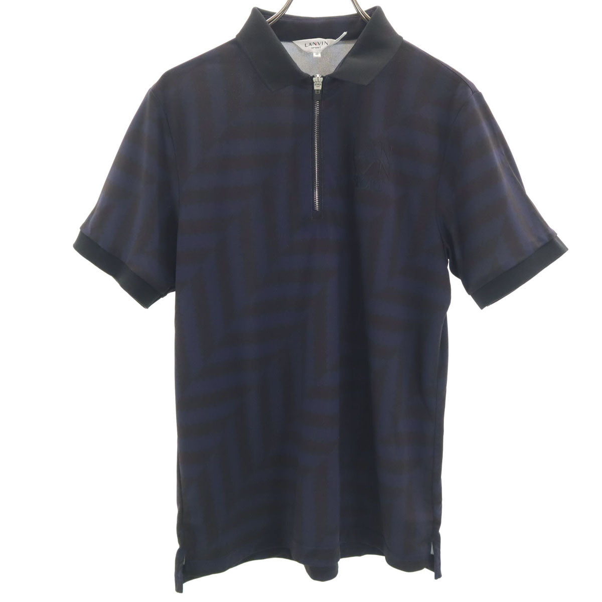美品 LANVIN SPORT ランバンスポール 総柄 半袖 ハーフジップ ポロシャツ 40 ネイビー メンズ
