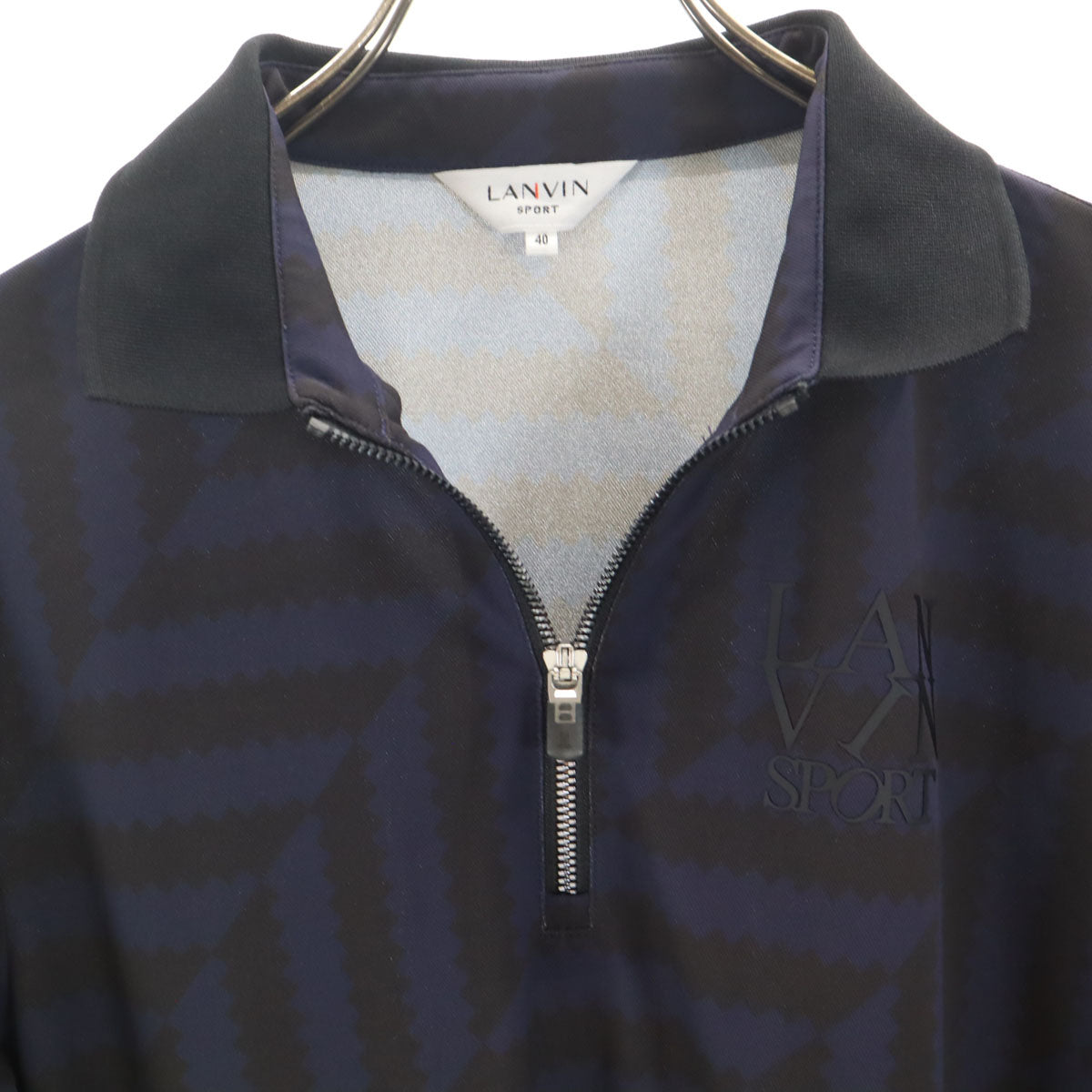 美品 LANVIN SPORT ランバンスポール 総柄 半袖 ハーフジップ ポロシャツ 40 ネイビー メンズ
