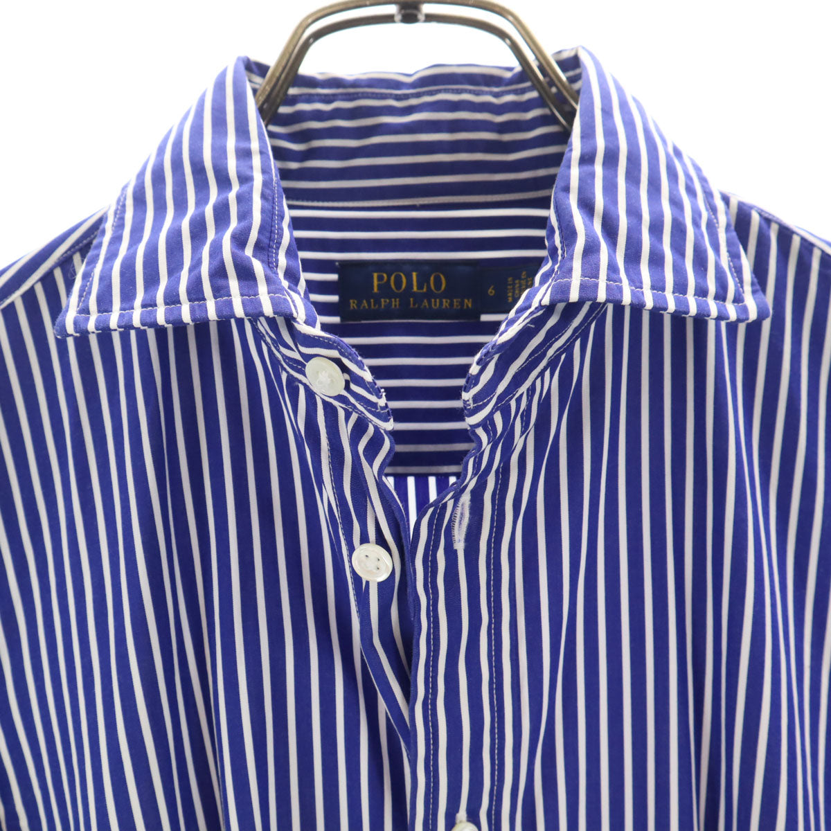 美品 POLO RALPH LAUREN ポロラルフローレン ストライプ柄 長袖 シャツワンピース 6 ブルー レディース