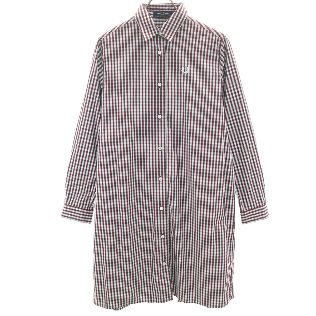 美品 FRED PERRY フレッドペリー チェック 長袖 シャツワンピース 34 ブルー系 レディース