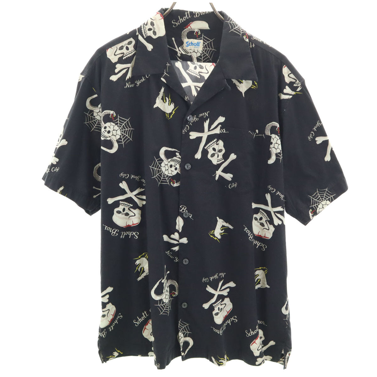 schott ショット スカル柄 半袖 アロハシャツ L ブラック メンズ
