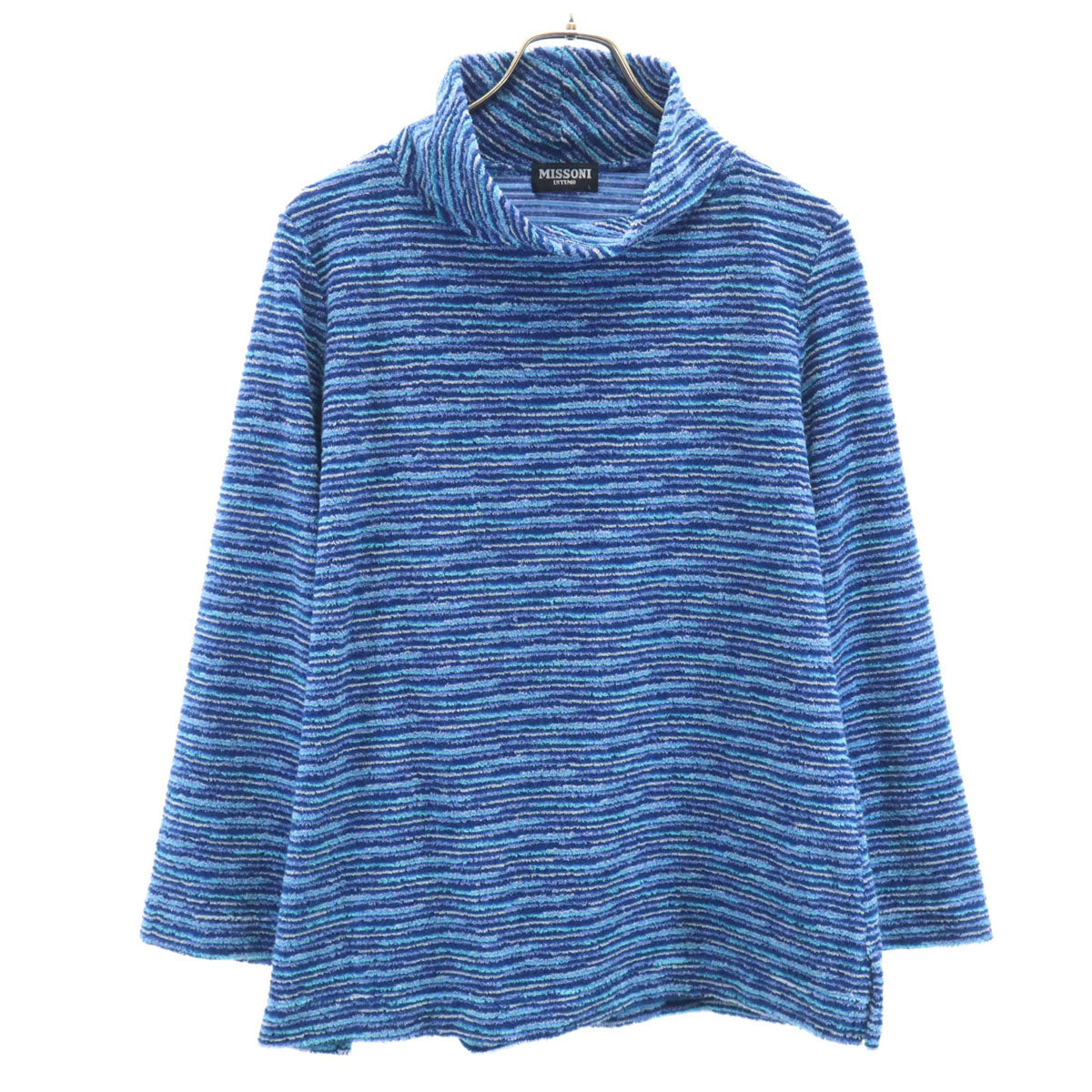 Missoni ミッソーニ 90s 日本製 オールド ボーダー柄 長袖 ハイネック パイル地 セーター L ブルー系 INTIMO レディース
