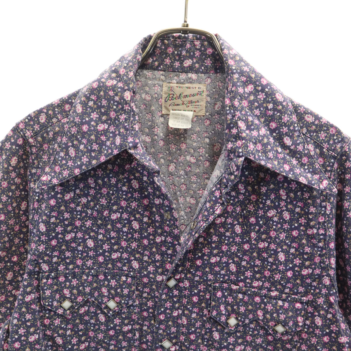 RockMount ロックマウント 70s USA製 ヴィンテージ 花柄 半袖 ウエスタンシャツ 14 1/2-32 ネイビー メンズ