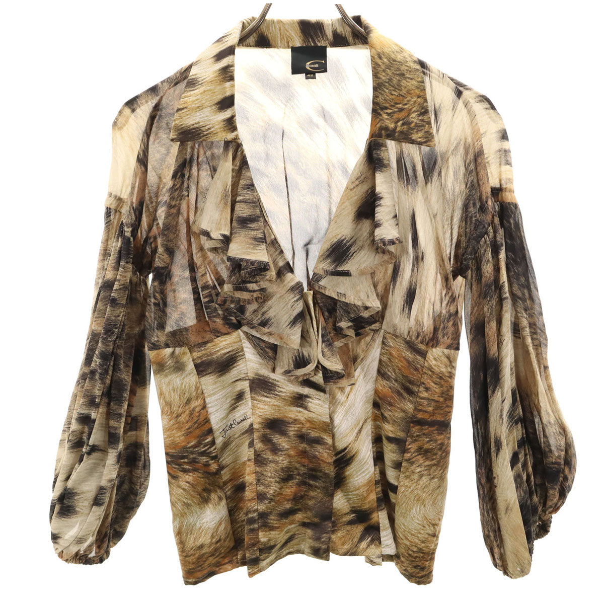 美品 Just Cavalli ジャストカヴァリ シルクブレンド レオパード柄 長袖 フリル ブラウス 42 ベージュ系 レディース