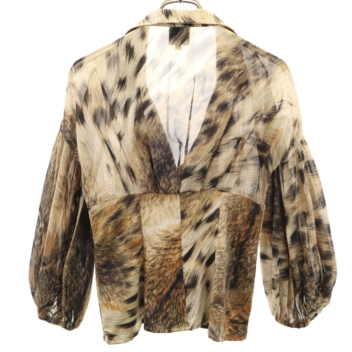 美品 Just Cavalli ジャストカヴァリ シルクブレンド レオパード柄 長袖 フリル ブラウス 42 ベージュ系 レディース