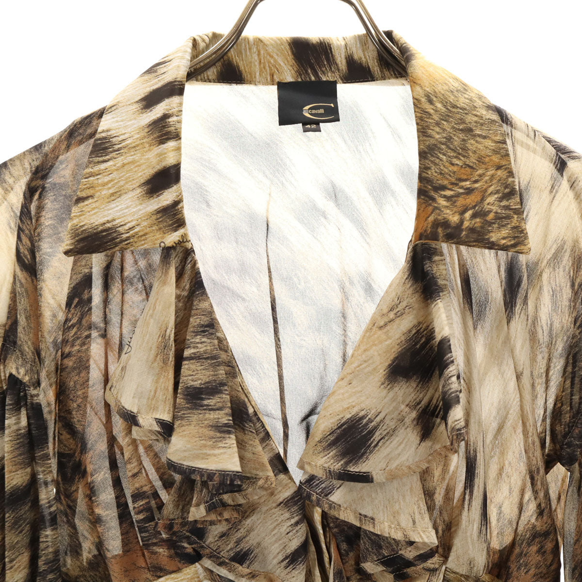 美品 Just Cavalli ジャストカヴァリ シルクブレンド レオパード柄 長袖 フリル ブラウス 42 ベージュ系 レディース
