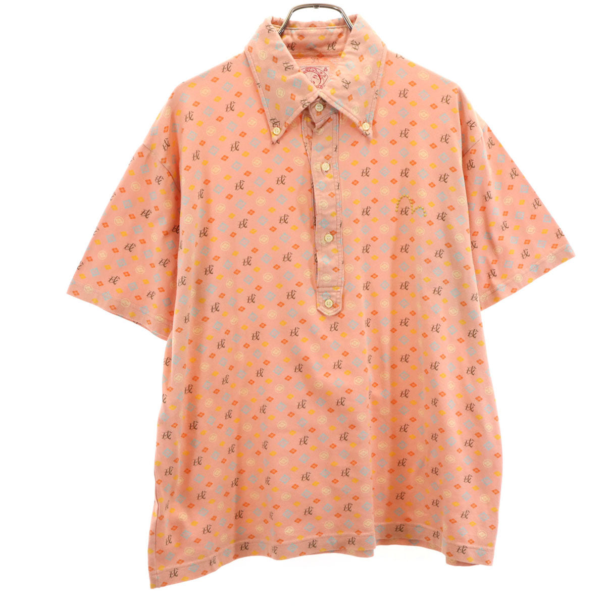 EVISU エヴィス 日本製 総柄 半袖 ボタンダウン ポロシャツ 1 サーモンピンク メンズ