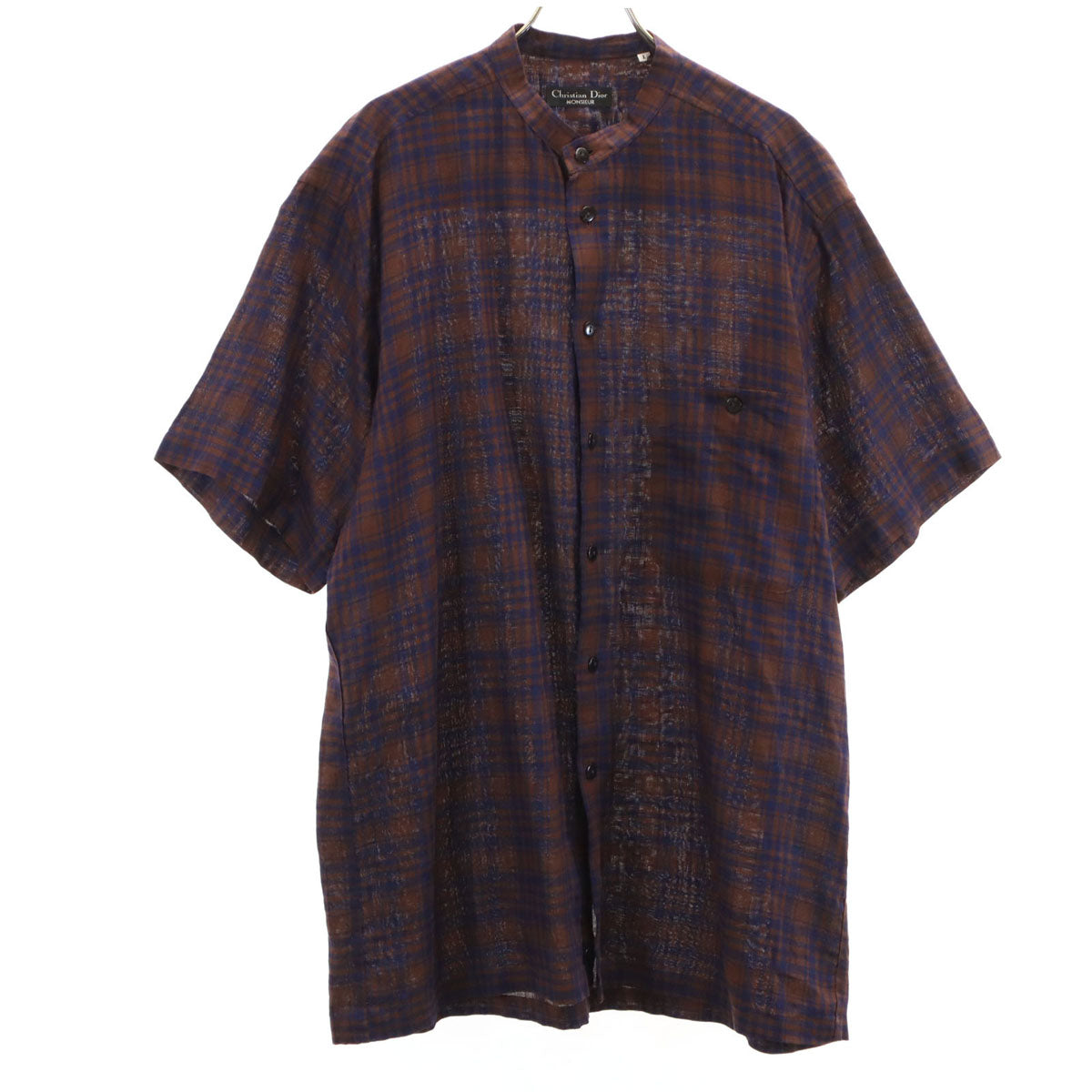 Christian Dior MONSIEUR クリスチャンディオール ムッシュ 90s リネン オールド チェック柄 半袖 バンドカラーシャツ L ブラウン メンズ