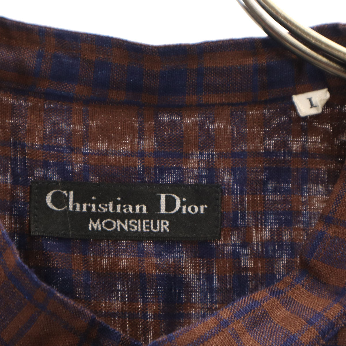 Christian Dior MONSIEUR クリスチャンディオール ムッシュ 90s リネン オールド チェック柄 半袖 バンドカラーシャツ L ブラウン メンズ