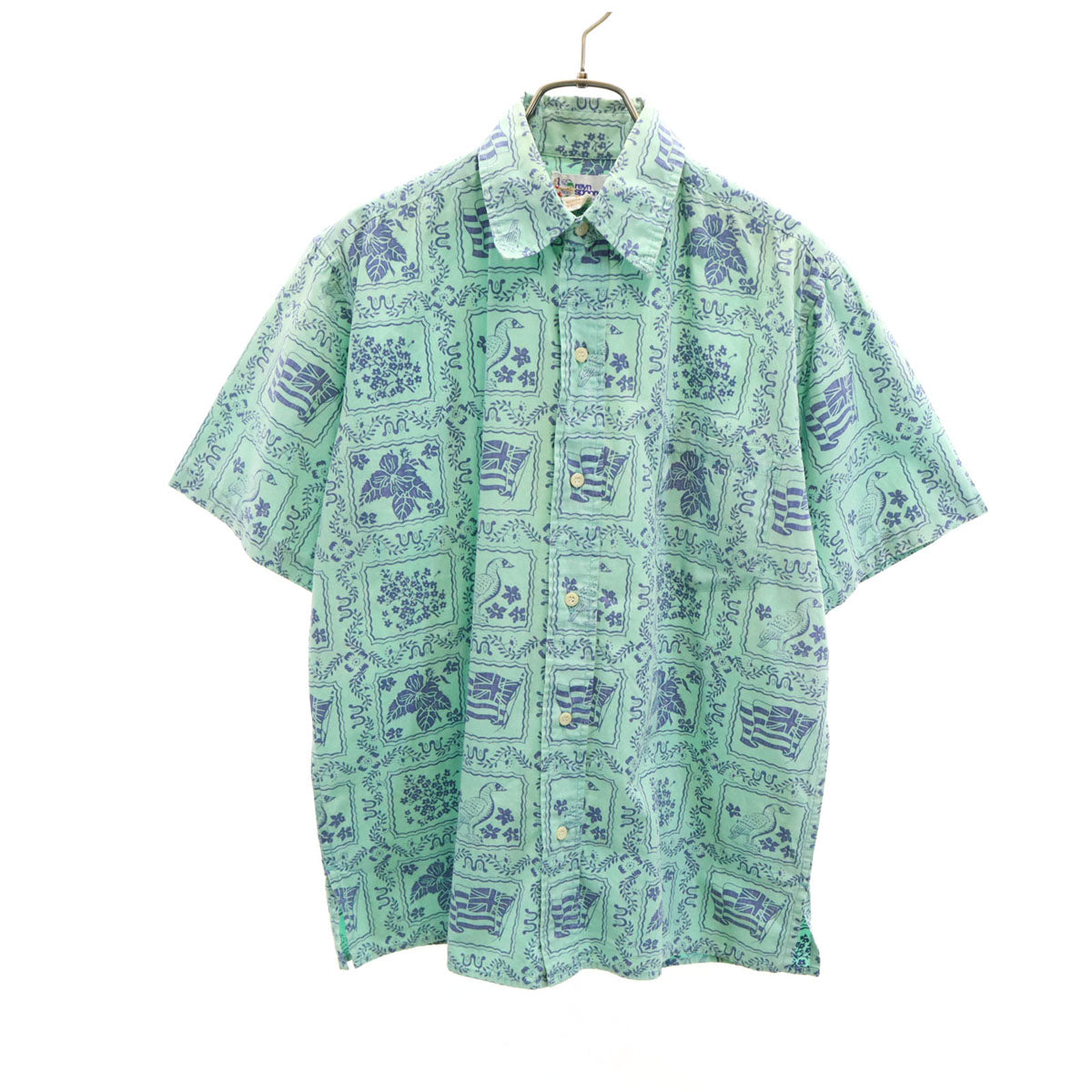 reyn spooner レインスプーナー 90s オールド 水着タグ 総柄 半袖 リバースプリント アロハシャツ S エメラルドグリーン メンズ