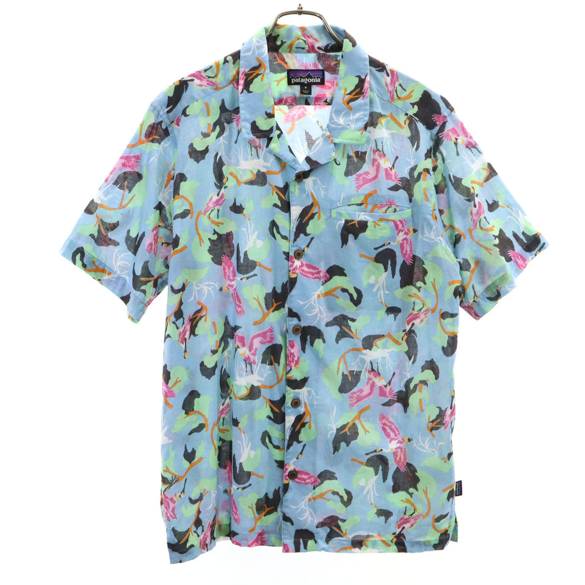 美品 patagonia パタゴニア 総柄 半袖 AC オープンカラーシャツ M 水色 53665SP20 アウトドア メンズ